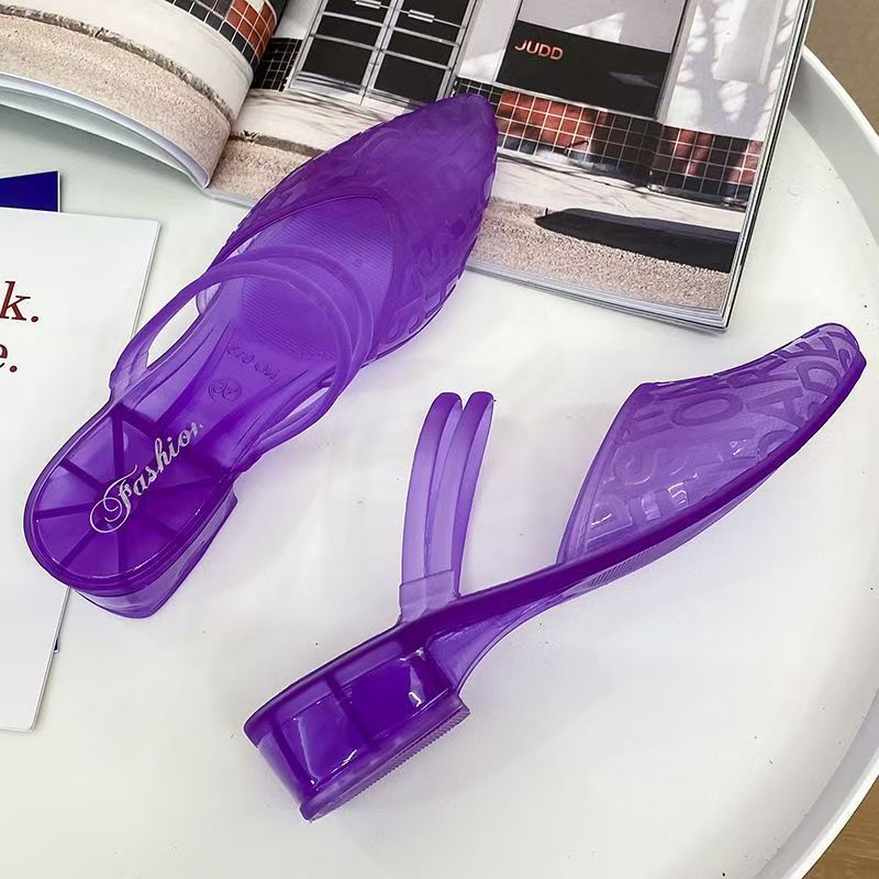 Women's Summer Outdoor Crystal Sandals, Comfortable, Anti-slip Single Shoes, Internet-famous, Closed-toe, Transparent Chunky Heel, Fashionable Korean Style, Versatile for Height Increasing.