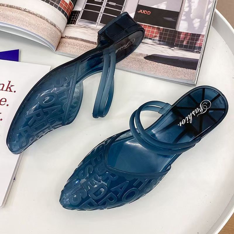 Women's Summer Outdoor Crystal Sandals, Comfortable, Anti-slip Single Shoes, Internet-famous, Closed-toe, Transparent Chunky Heel, Fashionable Korean Style, Versatile for Height Increasing.