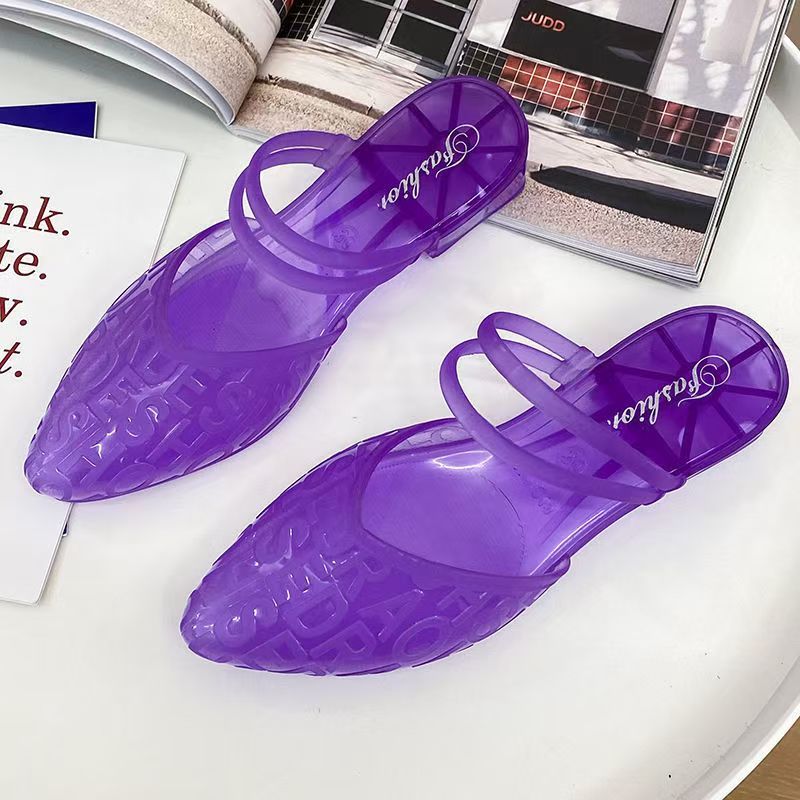 Women's Summer Outdoor Crystal Sandals, Comfortable, Anti-slip Single Shoes, Internet-famous, Closed-toe, Transparent Chunky Heel, Fashionable Korean Style, Versatile for Height Increasing.