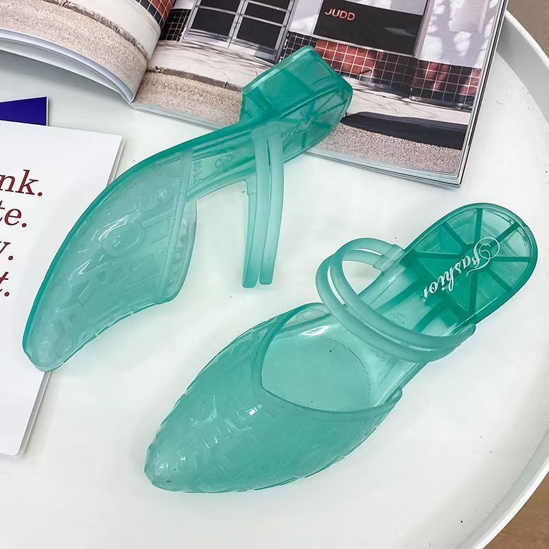 Women's Summer Outdoor Crystal Sandals, Comfortable, Anti-slip Single Shoes, Internet-famous, Closed-toe, Transparent Chunky Heel, Fashionable Korean Style, Versatile for Height Increasing.