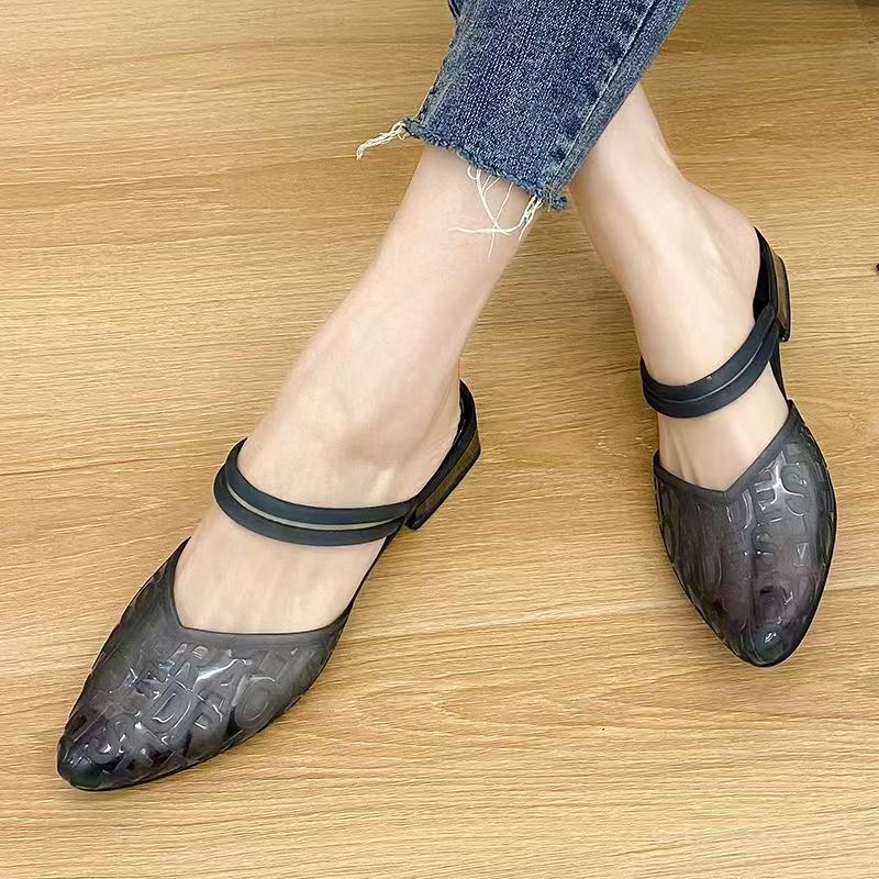 Women's Summer Outdoor Crystal Sandals, Comfortable, Anti-slip Single Shoes, Internet-famous, Closed-toe, Transparent Chunky Heel, Fashionable Korean Style, Versatile for Height Increasing.