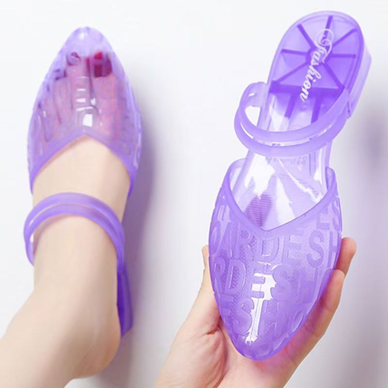 Women's New Summer Outdoor Crystal Internet-famous Flip Flops, One-strap Design, Fashionable Chunky Heel, Anti-slip Mid Heel, Closed-toe, Beach Jelly Slippers.