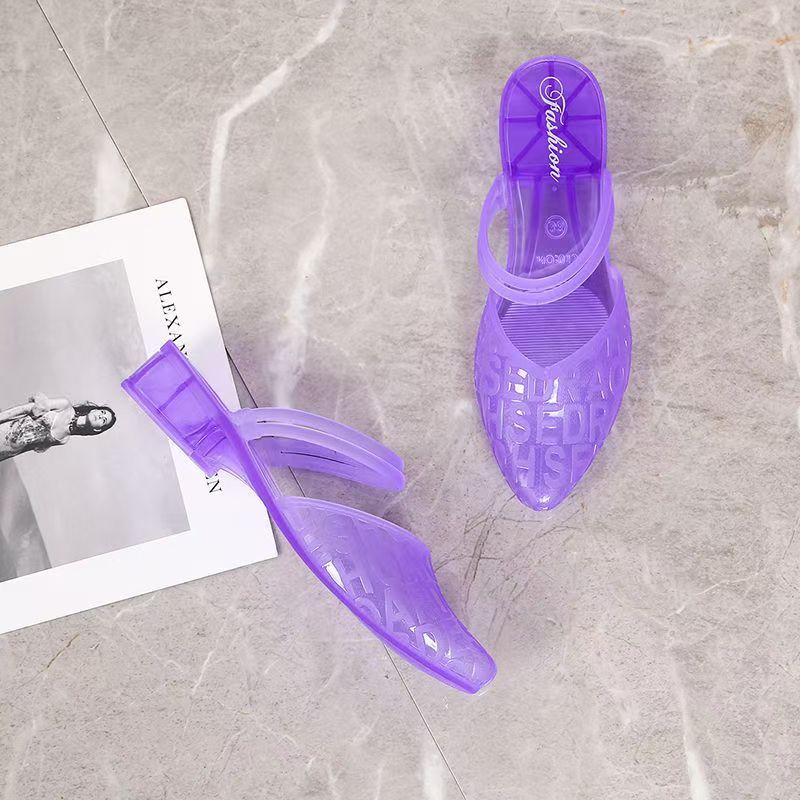Women's New Summer Outdoor Crystal Internet-famous Flip Flops, One-strap Design, Fashionable Chunky Heel, Anti-slip Mid Heel, Closed-toe, Beach Jelly Slippers.