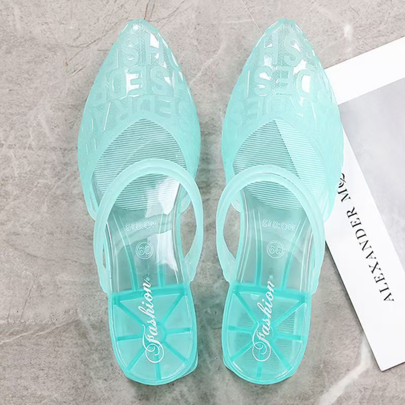 Women's New Summer Outdoor Crystal Internet-famous Flip Flops, One-strap Design, Fashionable Chunky Heel, Anti-slip Mid Heel, Closed-toe, Beach Jelly Slippers.