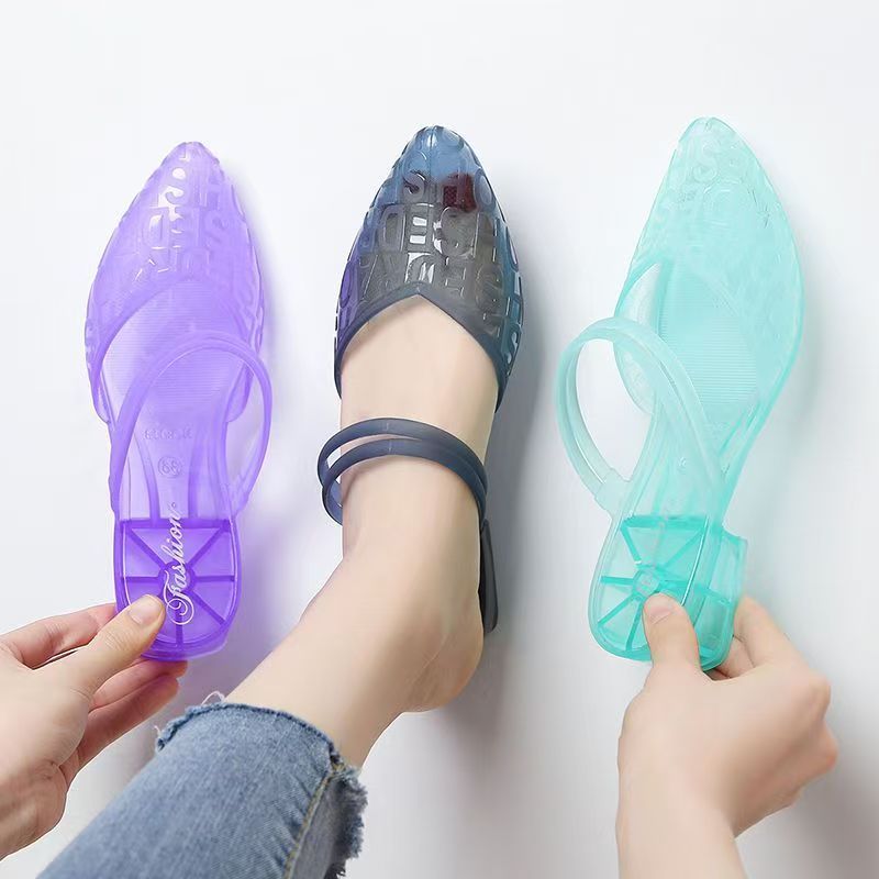 Women's New Summer Outdoor Crystal Internet-famous Flip Flops, One-strap Design, Fashionable Chunky Heel, Anti-slip Mid Heel, Closed-toe, Beach Jelly Slippers.