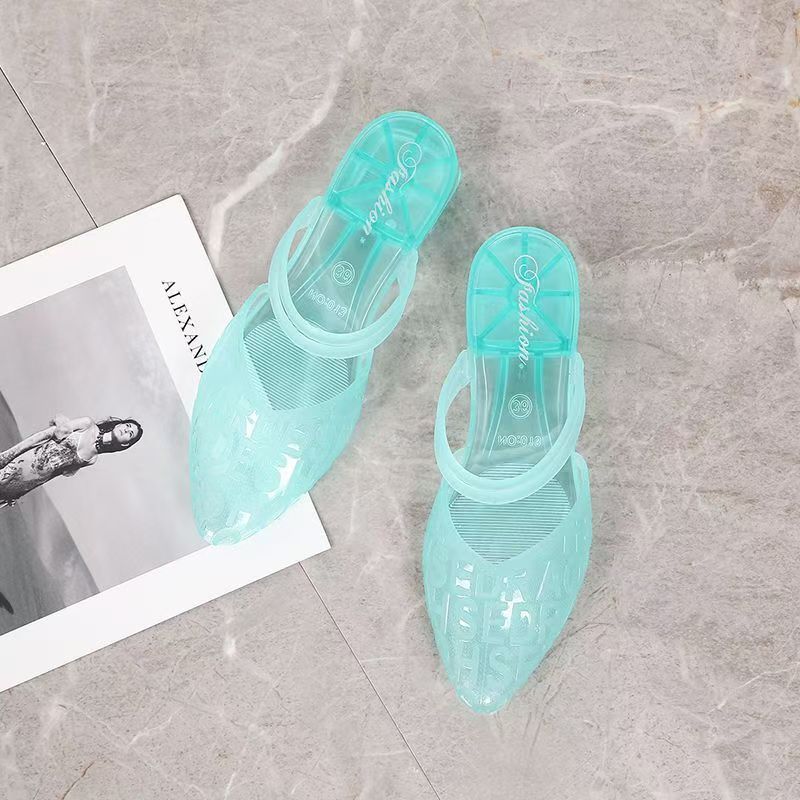 Women's New Summer Outdoor Crystal Internet-famous Flip Flops, One-strap Design, Fashionable Chunky Heel, Anti-slip Mid Heel, Closed-toe, Beach Jelly Slippers.