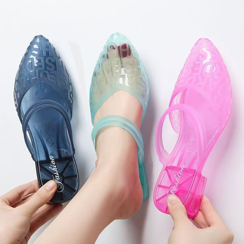 Women's New Summer Outdoor Crystal Internet-famous Flip Flops, One-strap Design, Fashionable Chunky Heel, Anti-slip Mid Heel, Closed-toe, Beach Jelly Slippers.