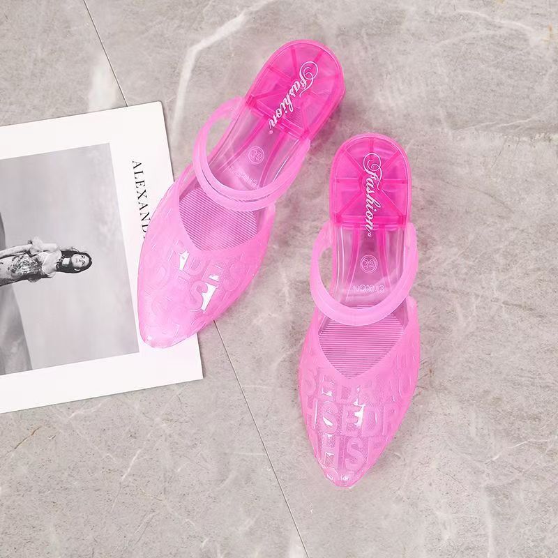 Women's New Summer Outdoor Crystal Internet-famous Flip Flops, One-strap Design, Fashionable Chunky Heel, Anti-slip Mid Heel, Closed-toe, Beach Jelly Slippers.