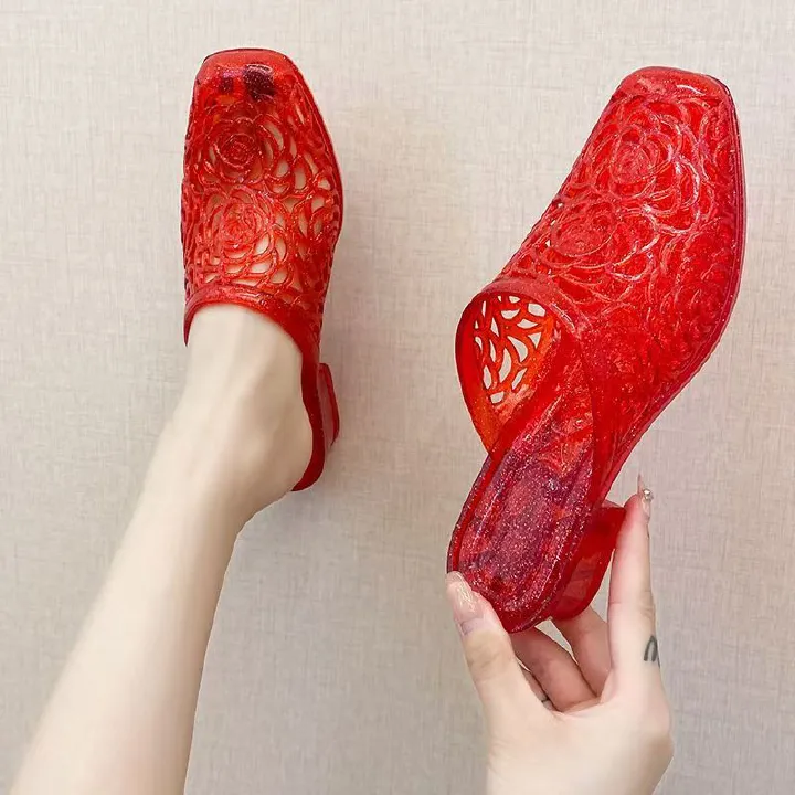 Women's Summer Korean Style Internet-famous Flip Flops for Mom, Outdoor Crystal Flower Design, Half Slippers, Anti-slip Chunky Heel, Closed-toe.
