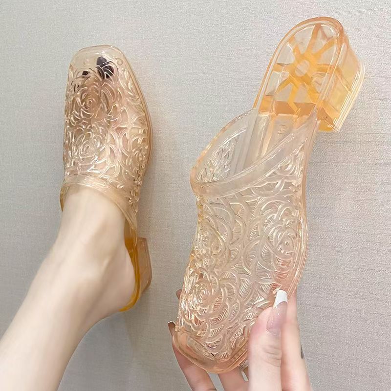 Women's Summer Korean Style Internet-famous Flip Flops for Mom, Outdoor Crystal Flower Design, Half Slippers, Anti-slip Chunky Heel, Closed-toe.