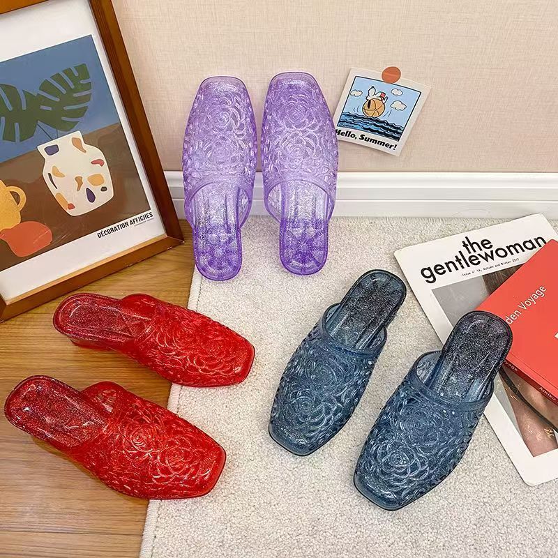 Women's Summer Korean Style Internet-famous Flip Flops for Mom, Outdoor Crystal Flower Design, Half Slippers, Anti-slip Chunky Heel, Closed-toe.