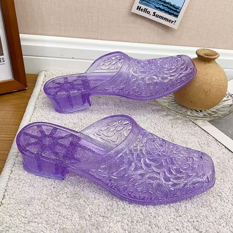 Women's Summer Korean Style Internet-famous Flip Flops for Mom, Outdoor Crystal Flower Design, Half Slippers, Anti-slip Chunky Heel, Closed-toe.