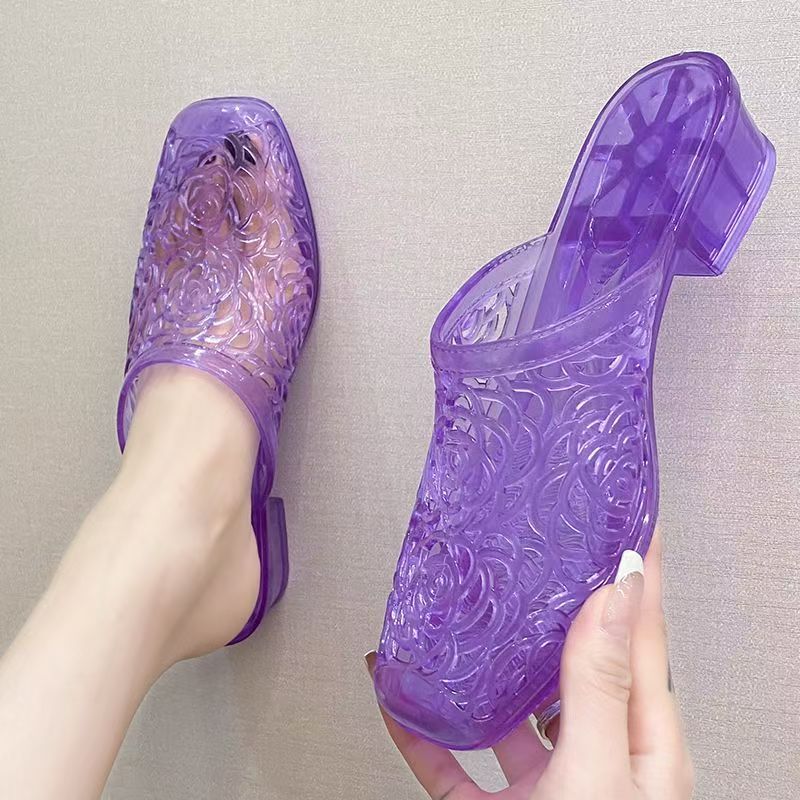 Women's Summer Korean Style Internet-famous Flip Flops for Mom, Outdoor Crystal Flower Design, Half Slippers, Anti-slip Chunky Heel, Closed-toe.