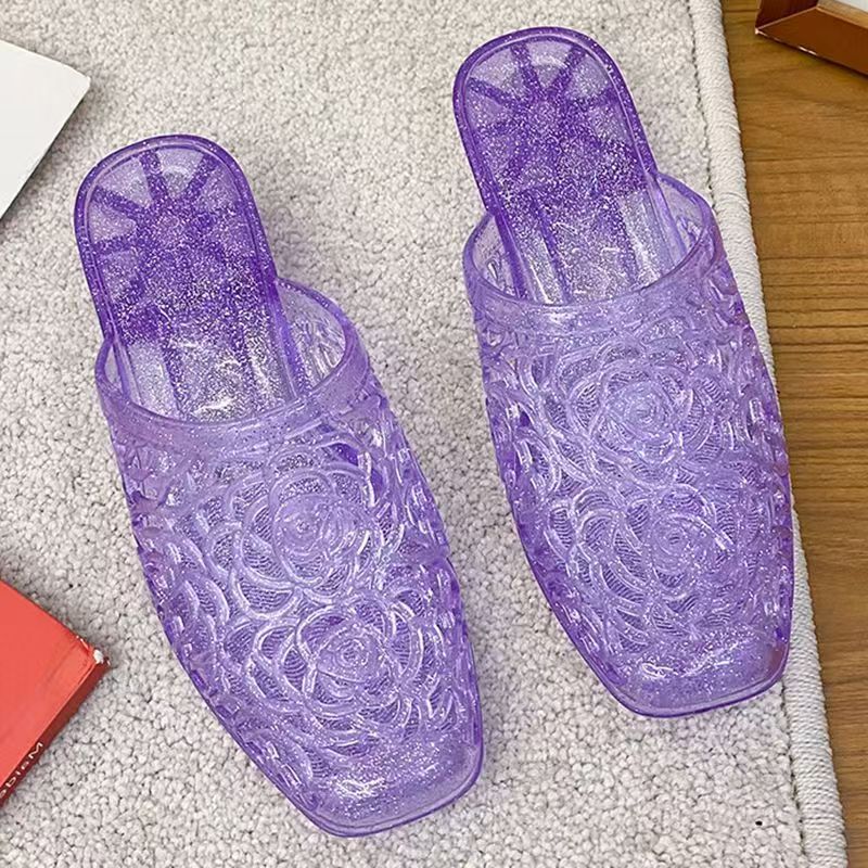 Women's Summer Korean Style Internet-famous Flip Flops for Mom, Outdoor Crystal Flower Design, Half Slippers, Anti-slip Chunky Heel, Closed-toe.