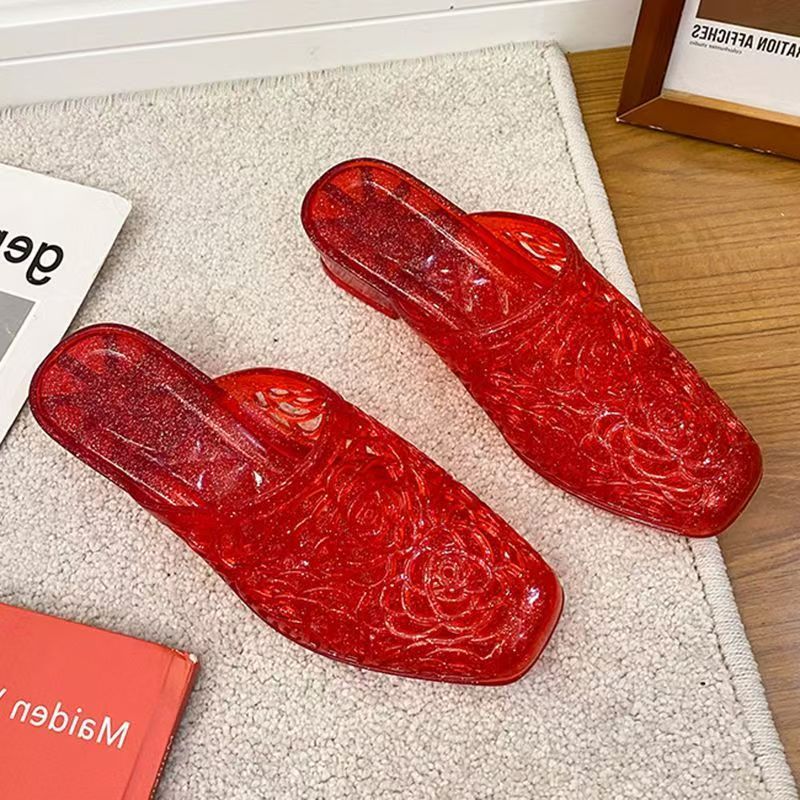 Women's Summer Korean Style Internet-famous Flip Flops for Mom, Outdoor Crystal Flower Design, Half Slippers, Anti-slip Chunky Heel, Closed-toe.