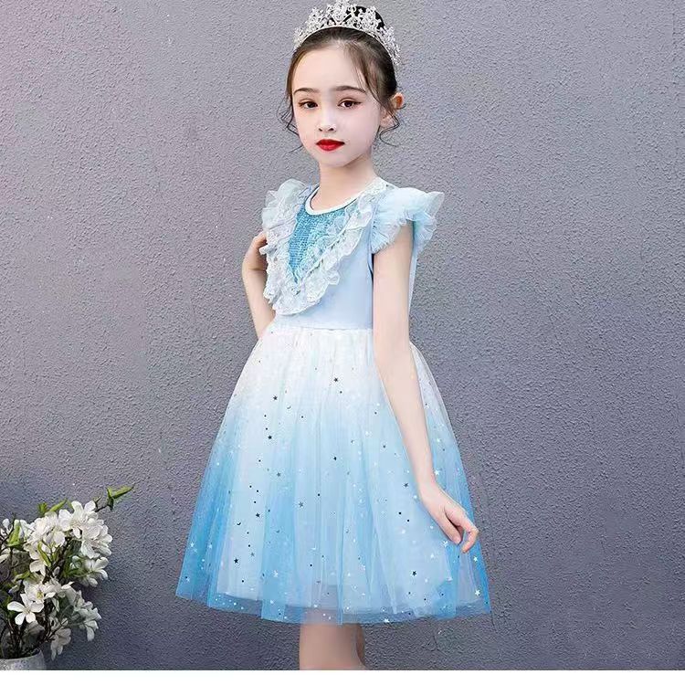 Girls' Summer Elsa Princess Dress, Children's Elsa Short-sleeved Dress, Puffy Tulle Dress for Birthday Occasions (Without Crown).