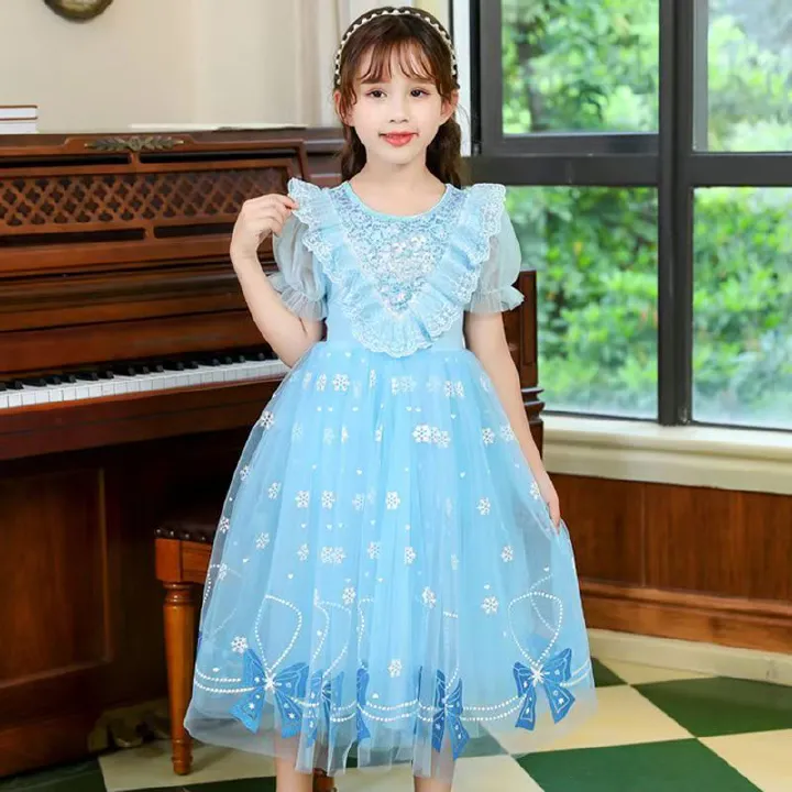 Girls' Summer Elsa Princess Dress, Children's Elsa Short-sleeved Dress, Puffy Tulle Dress for Birthday Occasions (Without Crown).