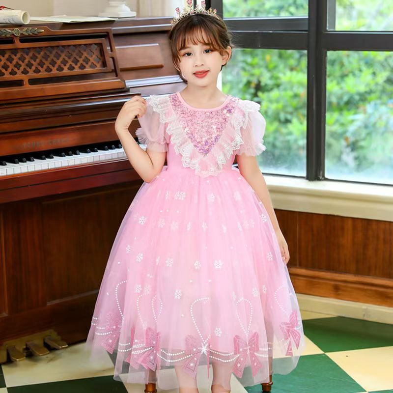 Girls' Summer Elsa Princess Dress, Children's Elsa Short-sleeved Dress, Puffy Tulle Dress for Birthday Occasions (Without Crown).