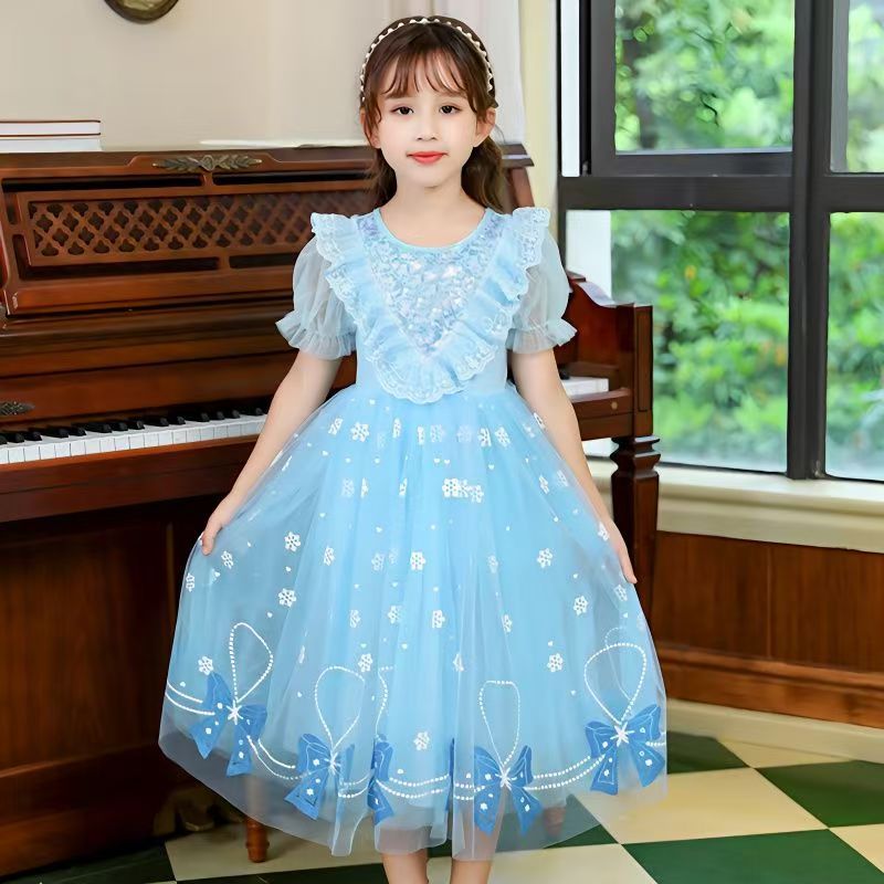 Girls' Summer Elsa Princess Dress, Children's Elsa Short-sleeved Dress, Puffy Tulle Dress for Birthday Occasions (Without Crown).