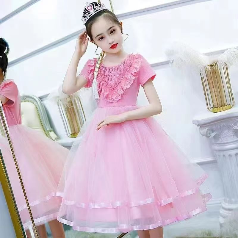 Girls' Puffy Dress, Fashionable Korean-style Sleeveless Lace Dress for Middle and Big Girls, Summer Princess Dress for Parties and as a Birthday Gift (Without Crown)