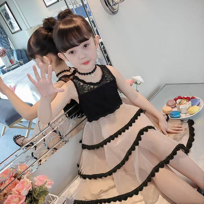 Girls' Puffy Dress, Fashionable Korean-style Sleeveless Lace Dress for Middle and Big Girls, Summer Princess Dress for Parties and as a Birthday Gift (Without Crown)