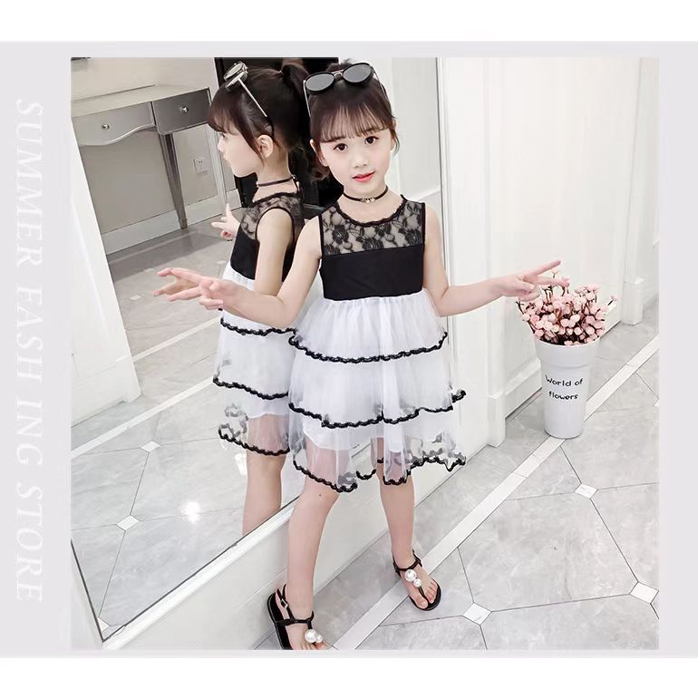 Girls' Puffy Dress, Fashionable Korean-style Sleeveless Lace Dress for Middle and Big Girls, Summer Princess Dress for Parties and as a Birthday Gift (Without Crown)