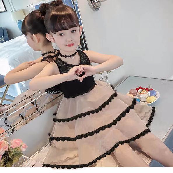 Girls' Puffy Dress, Fashionable Korean-style Sleeveless Lace Dress for Middle and Big Girls, Summer Princess Dress for Parties and as a Birthday Gift (Without Crown)