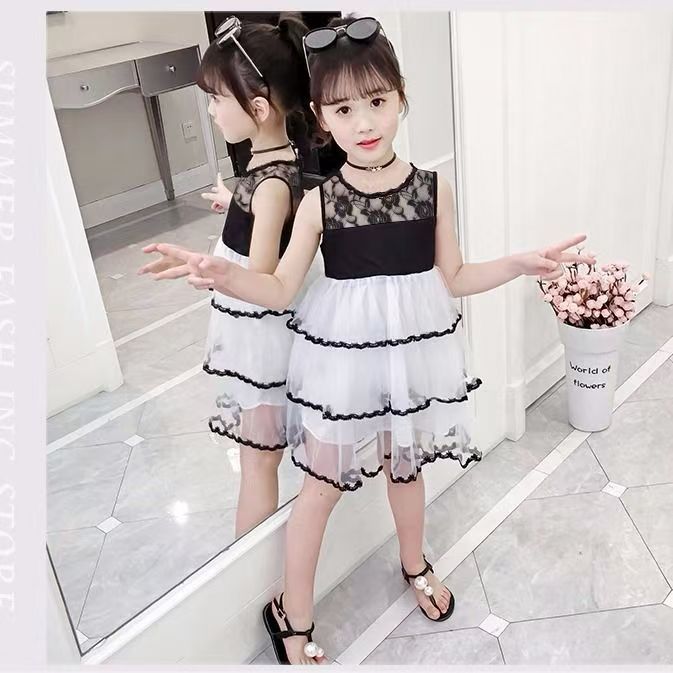 Girls' Puffy Dress, Fashionable Korean-style Sleeveless Lace Dress for Middle and Big Girls, Summer Princess Dress for Parties and as a Birthday Gift (Without Crown)