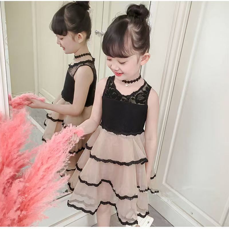 Girls' Puffy Dress, Fashionable Korean-style Sleeveless Lace Dress for Middle and Big Girls, Summer Princess Dress for Parties and as a Birthday Gift (Without Crown)