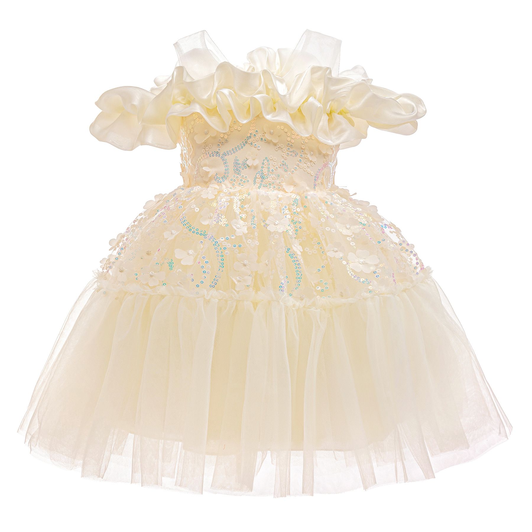 New girls' apricot-colored dress, a children's dress with sequins, three-dimensional flowers, tulle and a flounced skirt. It's a princess dress and can be used as a birthday gift or a dress for Childr