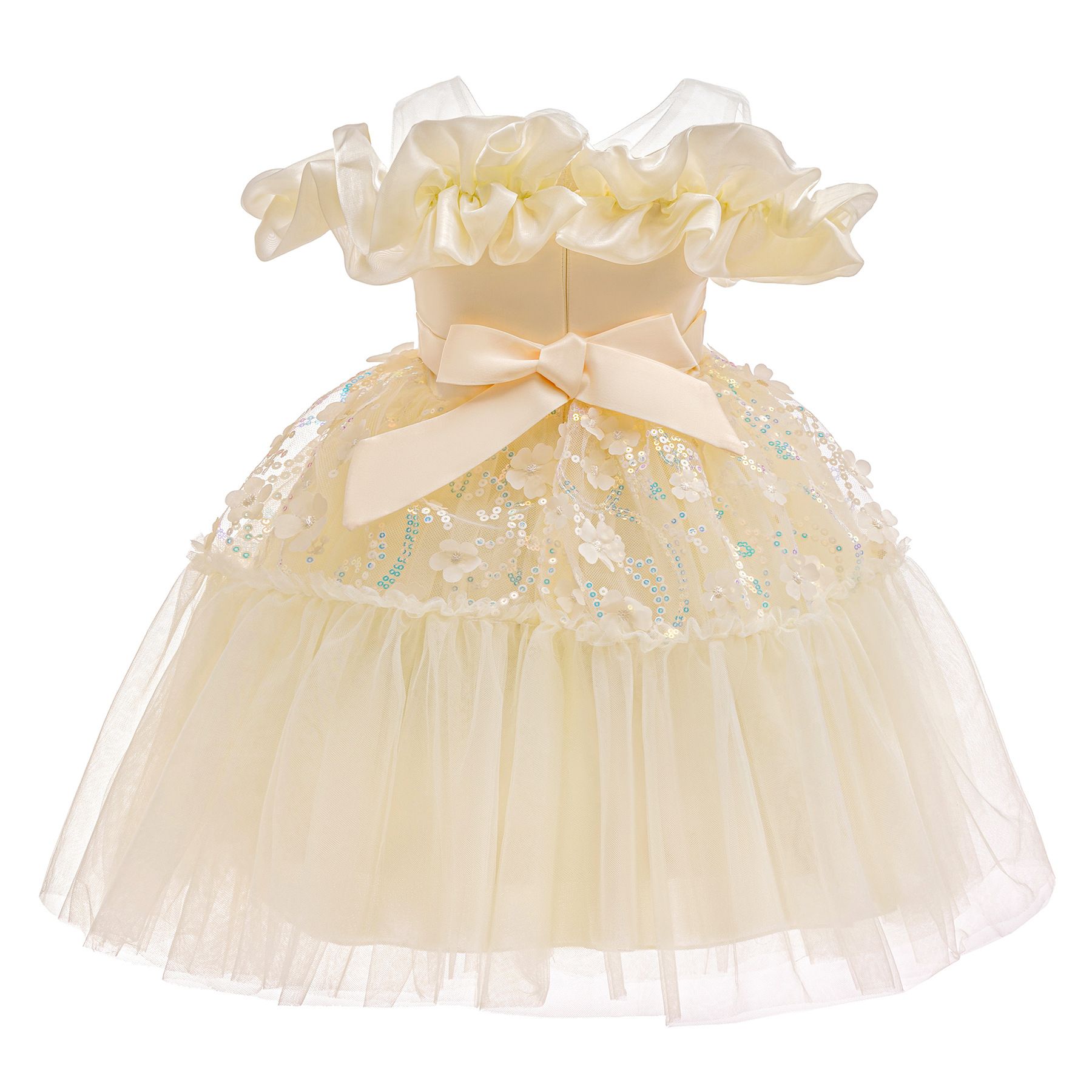 New girls' apricot-colored dress, a children's dress with sequins, three-dimensional flowers, tulle and a flounced skirt. It's a princess dress and can be used as a birthday gift or a dress for Childr