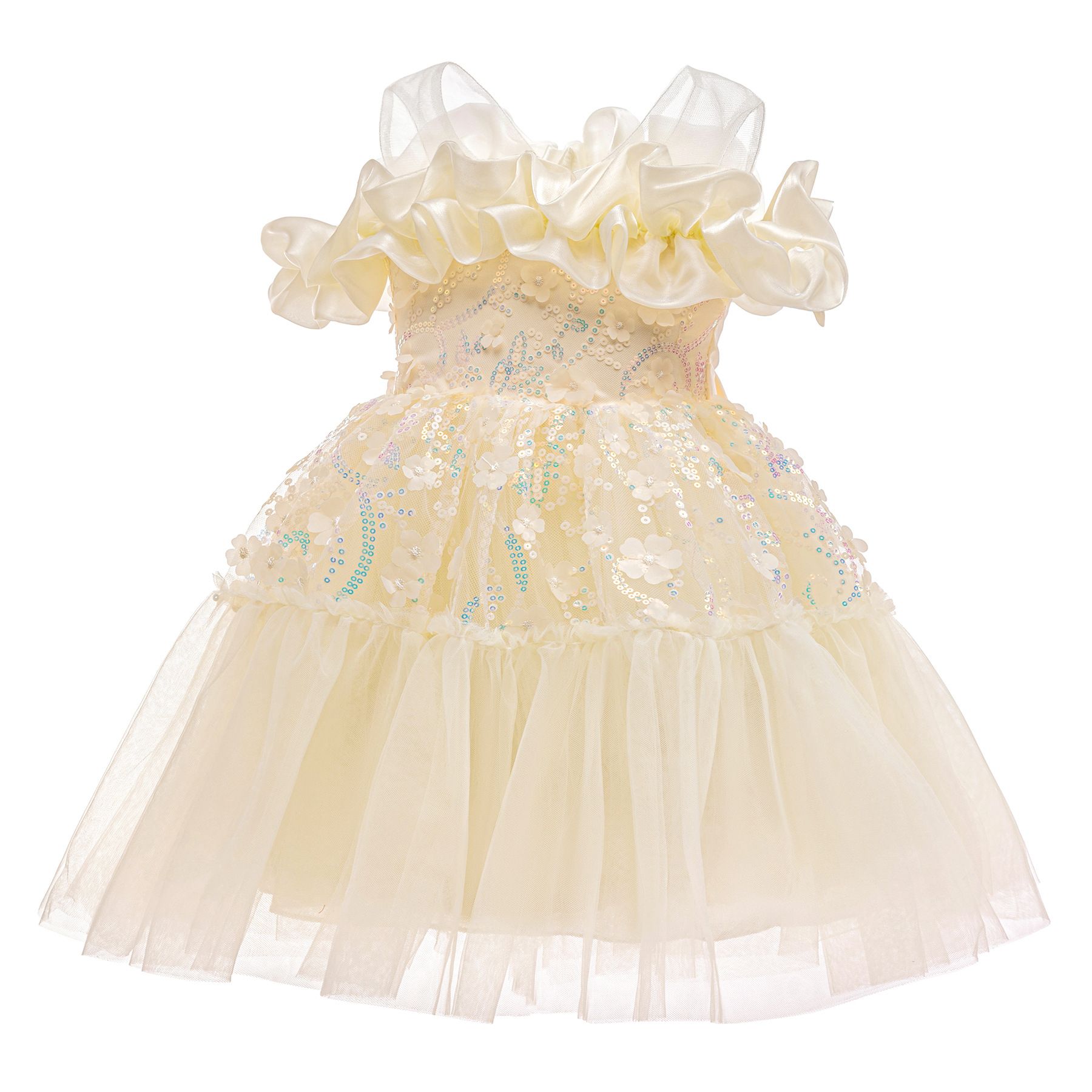 New girls' apricot-colored dress, a children's dress with sequins, three-dimensional flowers, tulle and a flounced skirt. It's a princess dress and can be used as a birthday gift or a dress for Childr
