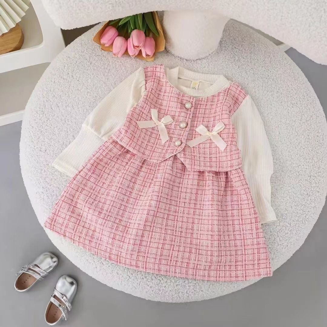 2025 Autumn Girls' Plaid Long-Sleeve Tulle Dress | Sweet Korean-Style Mesh Sundress for Spring/Autumn