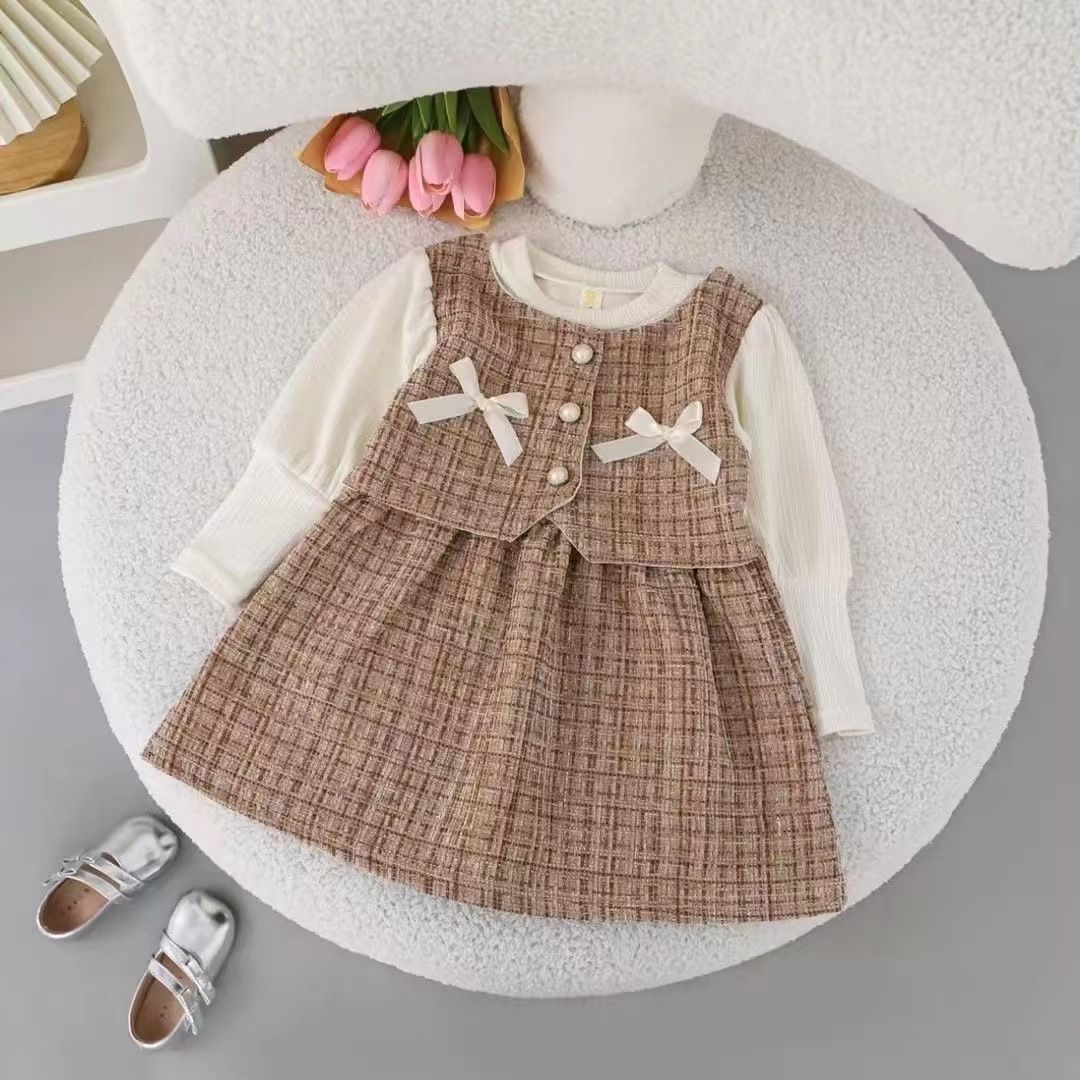 2025 Autumn Girls' Plaid Long-Sleeve Tulle Dress | Sweet Korean-Style Mesh Sundress for Spring/Autumn