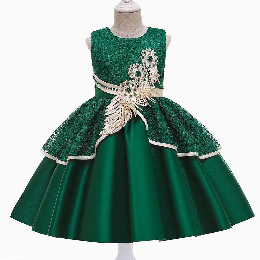 Girls Satin Lace Princess Dress with Bowknot - Kids Runway/Host Flower Girl Formal Gown