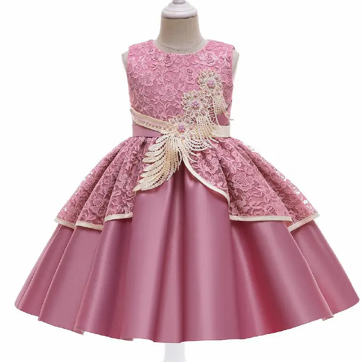 Girls Satin Lace Princess Dress with Bowknot - Kids Runway/Host Flower Girl Formal Gown