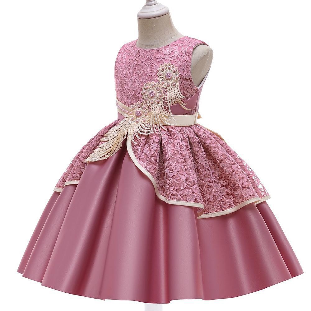 Girls Satin Lace Princess Dress with Bowknot - Kids Runway/Host Flower Girl Formal Gown
