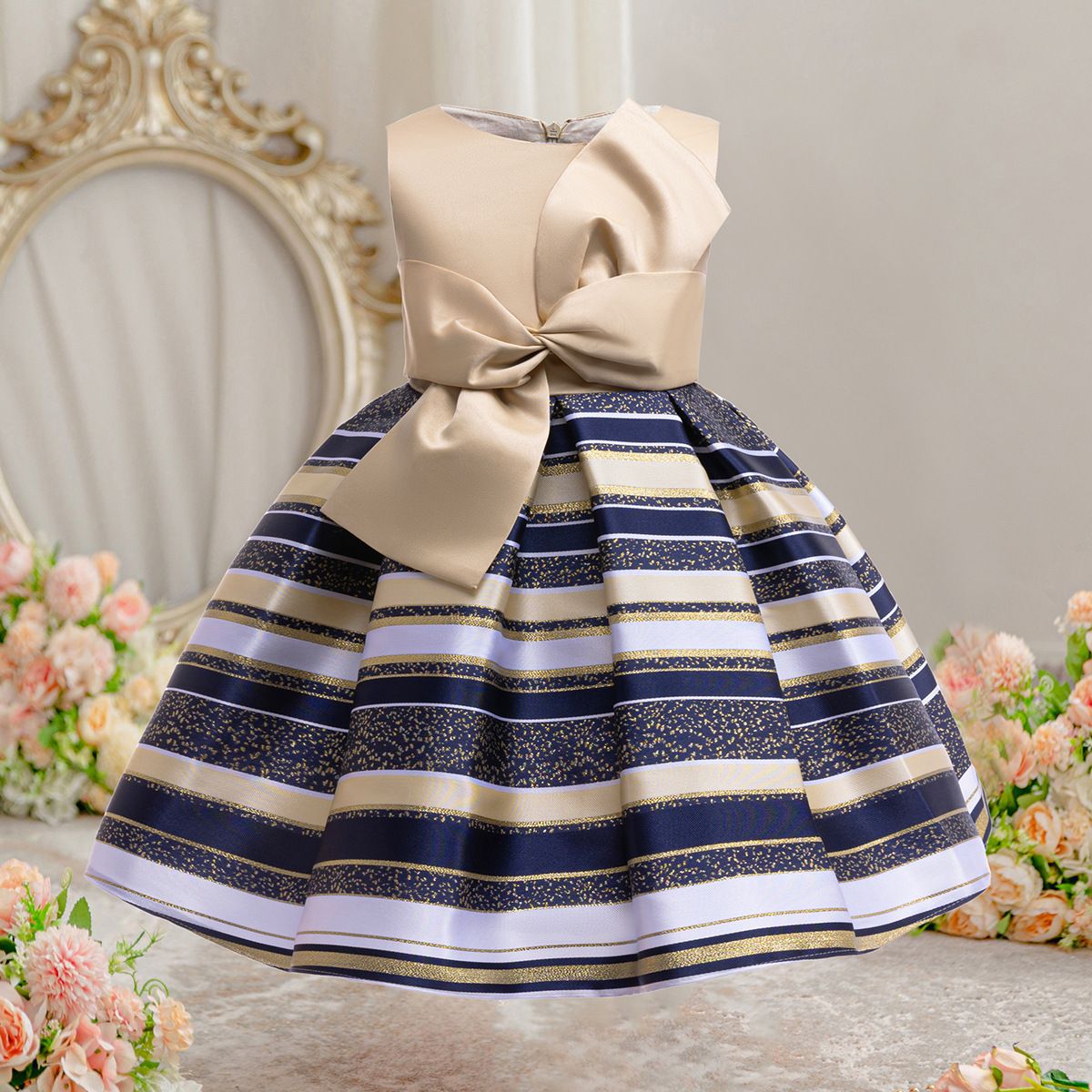 Girls Striped Sleeveless Princess Dress with Big Bowknot, Kids Party Formal Gown