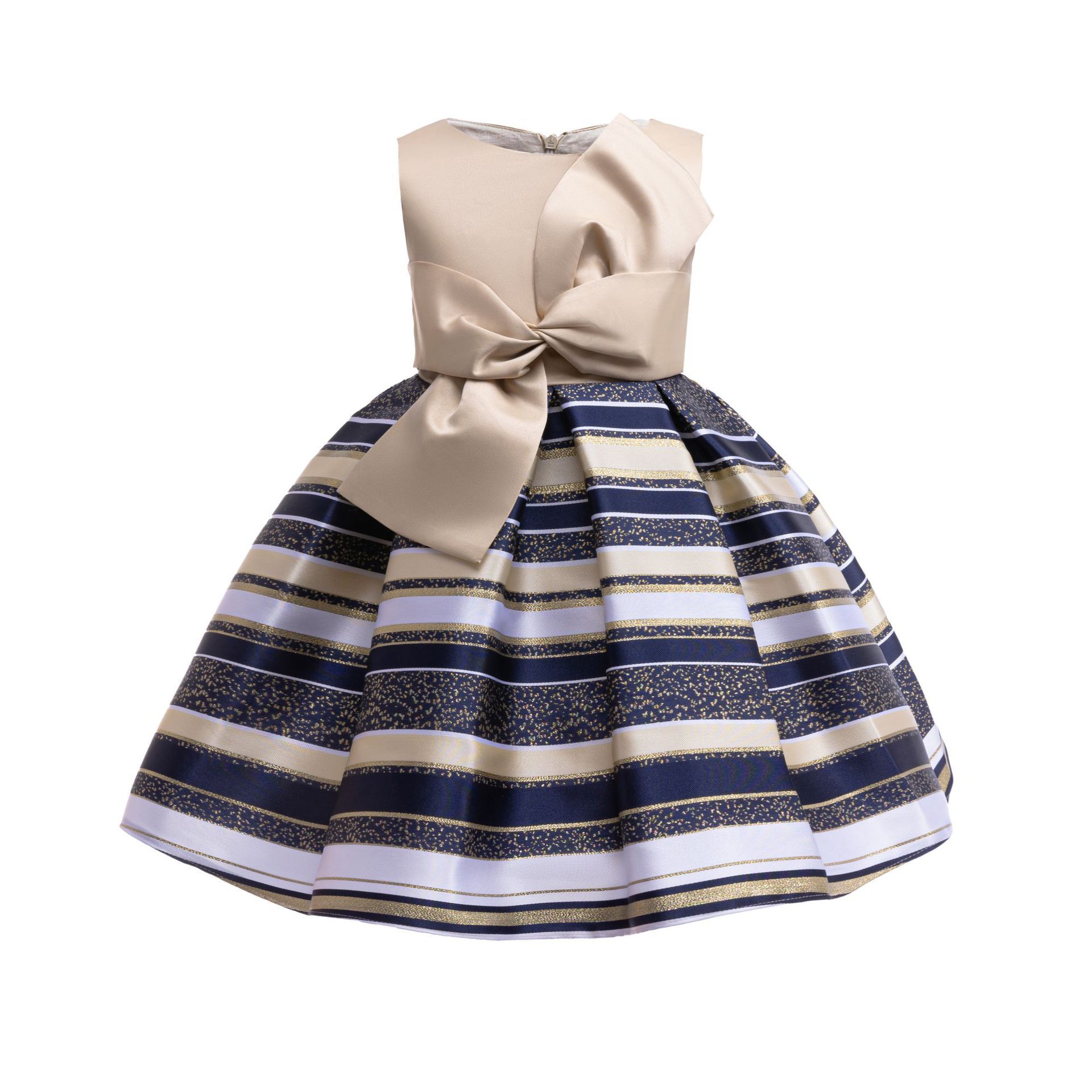 Girls Striped Sleeveless Princess Dress with Big Bowknot, Kids Party Formal Gown