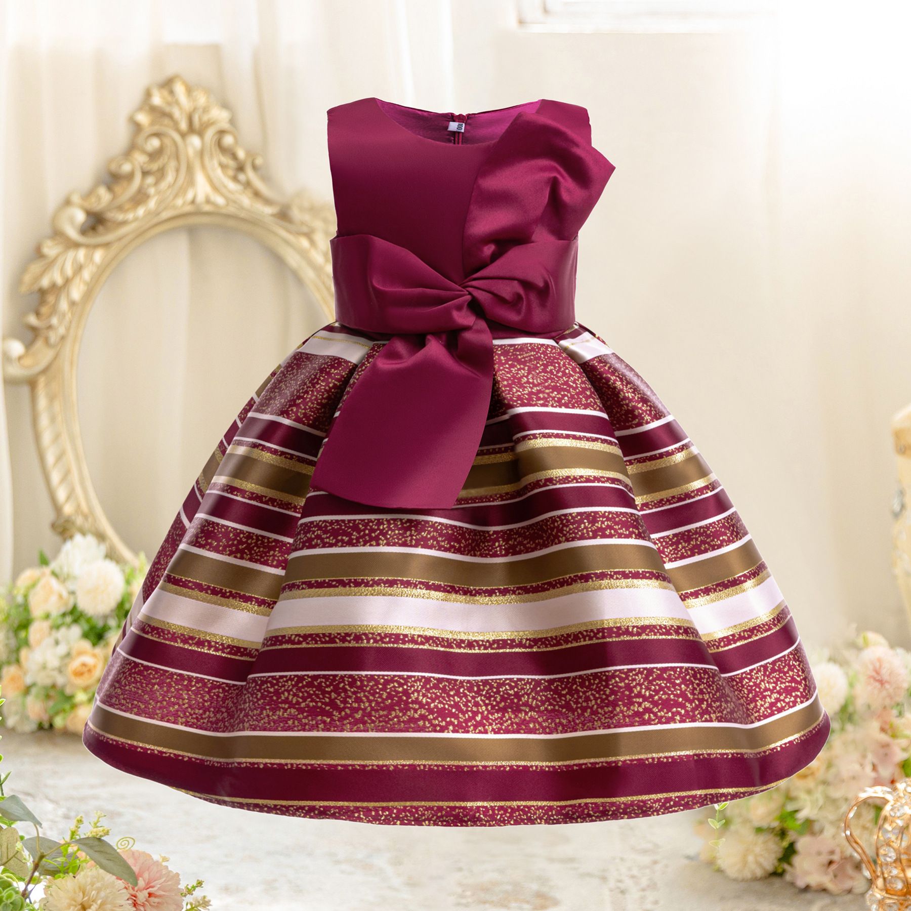 Girls Striped Sleeveless Princess Dress with Big Bowknot, Kids Party Formal Gown