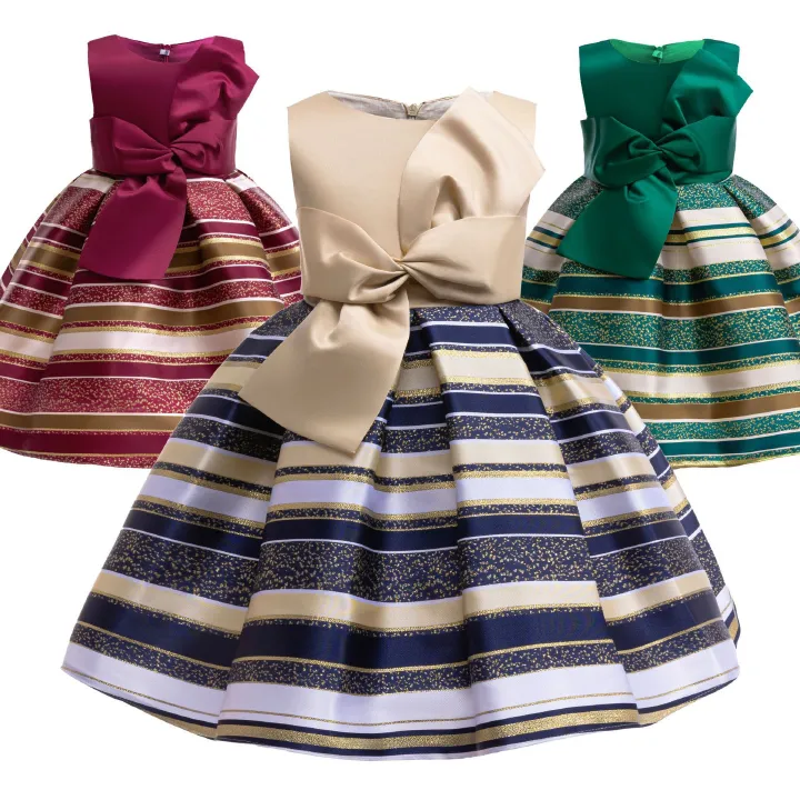 Girls Striped Sleeveless Princess Dress with Big Bowknot, Kids Party Formal Gown