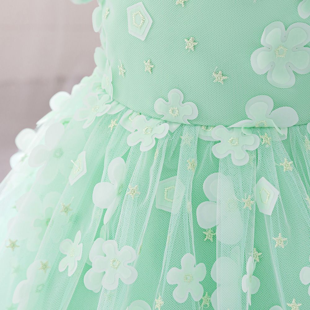Girls' Green Floral Princess Dress, Formal Gown for Pageant Runway, Host & Piano Performance