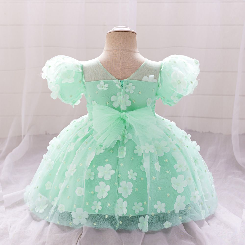 Girls' Green Floral Princess Dress, Formal Gown for Pageant Runway, Host & Piano Performance