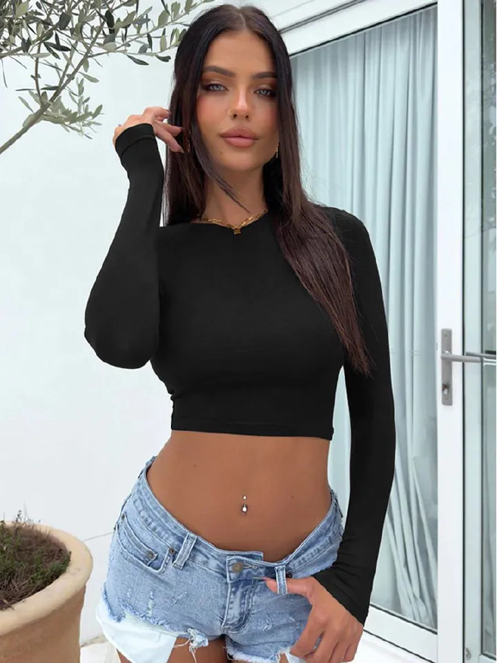 Women's Sexy Hot Girl Solid Color Crew Neck Slim Fit Crop Top Long Sleeve T-Shirt