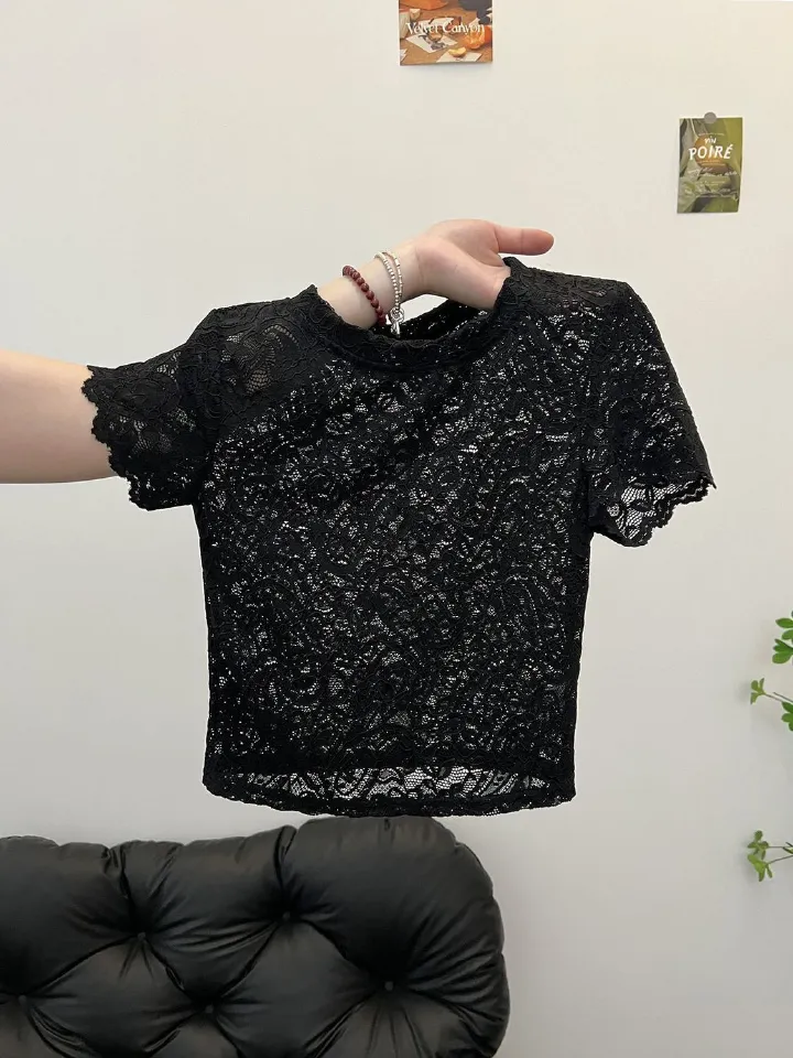 Women's Sexy Hollow Lace Short Sleeve Crop Top, Cut Out Waist Slim Fit Sheer Jacquard T-Shirt