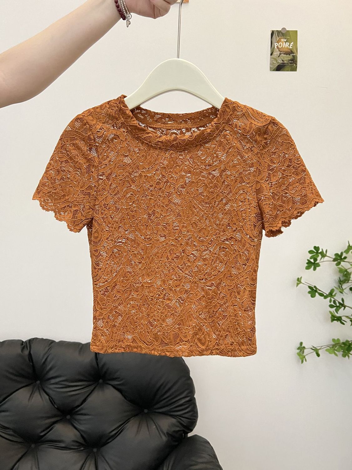 Women's Sexy Hollow Lace Short Sleeve Crop Top, Cut Out Waist Slim Fit Sheer Jacquard T-Shirt