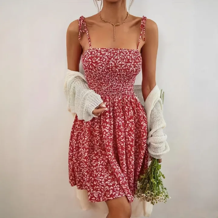 Women's Summer Floral Slip Dress Backless Spaghetti Strap Slim Waist A-Line Chiffon Dress Petite Friendly Vacation Style