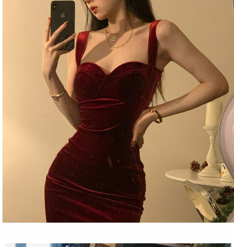 Women's Luxury Velvet Camisole Dress With Built-in Bra Pad, Autumn Winter Slim Fit Bodycon Midi Dress, Elegant Backless Hip Wrap Party Dress