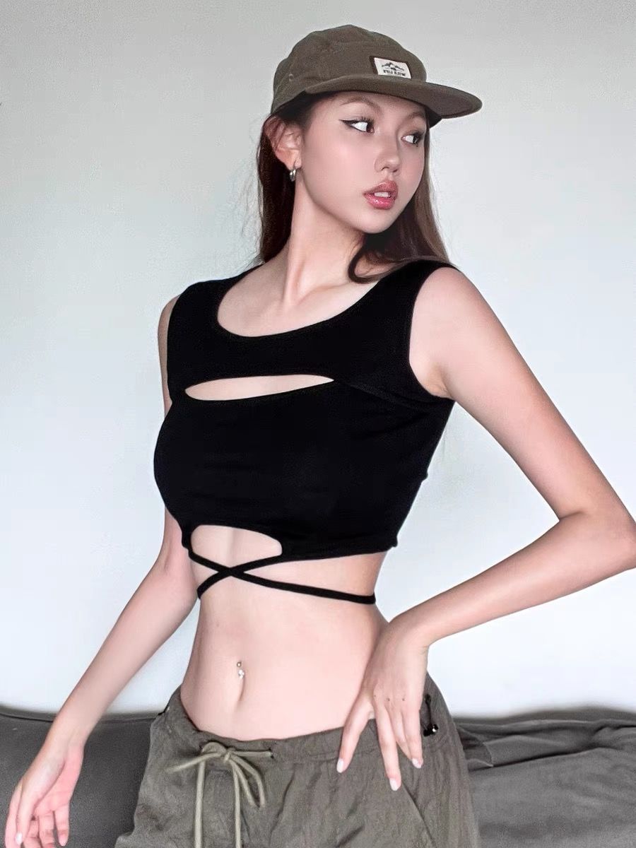 Women's Sexy Crop Cami Top, Slim Fit Pure Desire Style, Hollow Out Lace Up Sleeveless Vest, Fashion All-match Basic Tank Top
