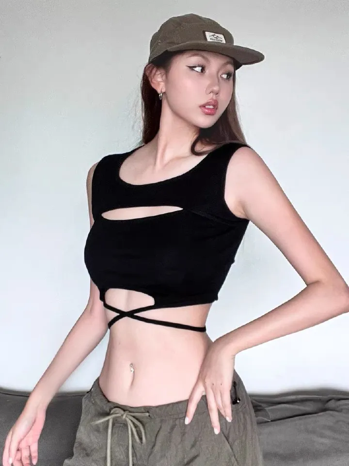 Women's Sexy Crop Cami Top, Slim Fit Pure Desire Style, Hollow Out Lace Up Sleeveless Vest, Fashion All-match Basic Tank Top
